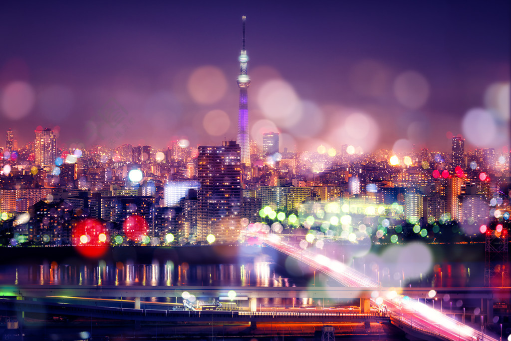 東京的夜生活東京天空樹與彩色濾鏡中的模糊散景燈裝飾東京城市景觀