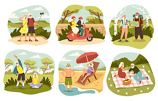 资深夫<i>妇</i>休闲时间。老年男女享受、联合活动和爱好、户外散步、公园野餐、海滩度假、骑老式自行车。矢量卡通场景集。资深夫<i>妇</i>休闲时间。老年男女享受、联合活动和爱好、户外散步、公园野餐、海滩度假、骑自行车。矢量