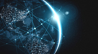 以创新感<i>知</i>线覆盖地球的全球网络连接。 5G 无线数字连接的概念和物联网的未来。