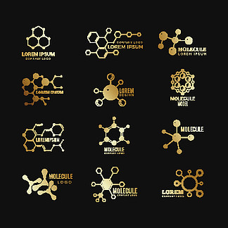 金色分子矢量标识。进化概念公式化学遗传技术图标集。金分子原子、化学研究、分子和 <i>dna</i> 科学图解。金色分子矢量标识。进化概念公式化学遗传技术图标集