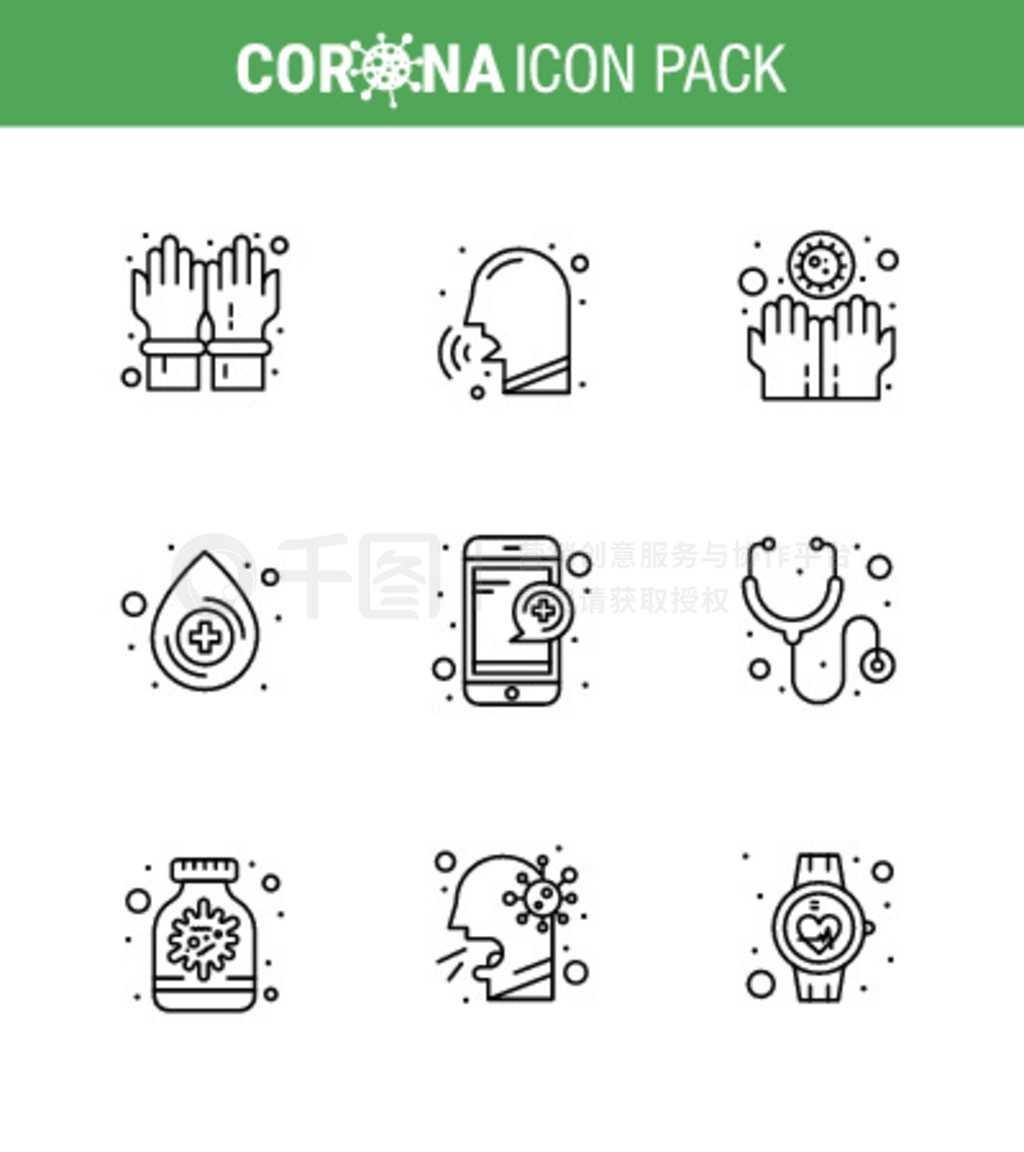 Corona virus disease 9 Line icon pack asuck as online, Medical, Feverage, Drop, Infect virus Coronav