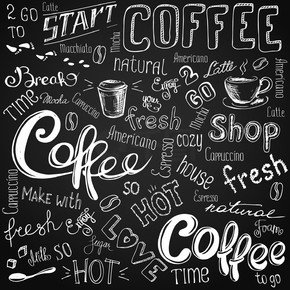 矢量图手绘咖啡去、杯子、杯子、豆子和刻字类型。黑和白。咖啡去、杯子、杯子、豆子和刻字类型