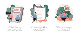儿童饮食失调抽象概念矢量插图集。儿童肥胖和<i>超</i><i>重</i>，<i>超</i><i>重</i>儿童训练计划，儿童减肥计划，不健康生活方式抽象隐喻。儿童饮食失调抽象概念矢量插图。