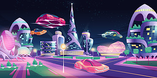 未来的夜城，有飞行汽<i>车</i>和未来派霓虹灯发光的玻璃建筑，形状不寻常，绿色植物，汽<i>车</i><i>车</i>道。外星城市建筑摩天大楼，卡通矢量图。未来之夜城市未来派建筑飞行汽<i>车</i>