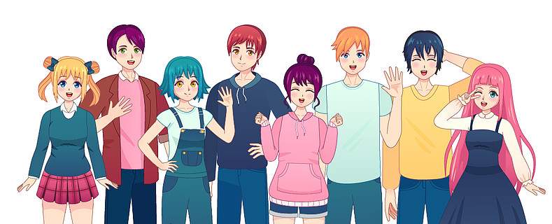 一组动漫人物日本漫画风格的年轻漫画女孩和男孩朋友