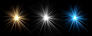 灯光效果。矢量光星。孤立在黑色背景上的辉光<i>爆</i><i>发</i>。插图闪光灯效果，蓝色和白色。灯光效果。矢量光星。孤立在黑色背景上的辉光<i>爆</i><i>发</i>
