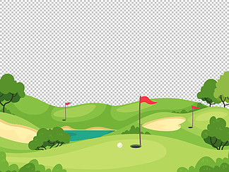 高尔夫背景。带有孔和红旗的绿色高尔夫球场，用于邀请卡、海报和横幅，玩锦标<i>赛</i>矢量模板。绿草上的高尔夫球旗、比<i>赛</i>和休闲插图。高尔夫背景。带孔和红旗的绿色高尔夫球场，用于邀请卡、海报和横幅、慈善比<i>赛</i>矢量模板