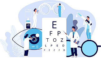 眼科概念。眼科医生检查患者视力。光学眼睛测<i>试</i>，眼镜技术。矢量良好的视觉背景。眼科医学，光学视力检查插图。眼科概念。眼科医生检查患者视力。光学眼睛测<i>试</i>，眼镜技术。矢量良好的视觉背景