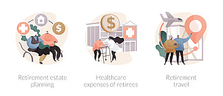 生活在养老金抽象概念矢量图集上。退休财产规划、退休人员医疗费<i>用</i>、养老金旅行、老年人医疗、保险抽象隐喻。生活在养老金抽象概念矢量插图中。