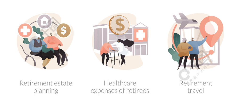 生活在养老金抽象概念矢量图集上。退休财产规划、退休人员医疗费用、养老金旅行、老年人医疗、保险抽象隐喻。生活在养老金抽象概念矢量插图中。