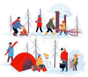 人们在冬令营消磨时光。成人和儿童在冬季露营，人物坐在帐篷旁，生火和拉木头燃烧。季节性假期和休息。平面样式的向量。冬季露营和户外活动 矢量图形