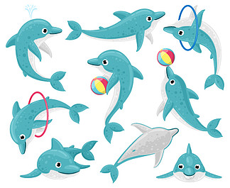 可爱的卡通海豚。水下<i>动</i><i>物</i><i>哺</i><i>乳</i><i>动</i><i>物</i>角色，有趣的海豚表演技巧。海豚海洋吉祥<i>物</i>矢量插图集与箍和球。各种位置的海洋生<i>物</i>。可爱的卡通海豚。水下<i>动</i><i>物</i><i>哺</i><i>乳</i><i>动</i><i>物</i>角色，有趣的海豚表演技巧。海豚海洋吉祥<i>物</i>矢量插图集