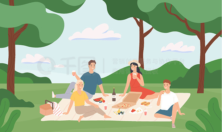 快乐的年轻男女在户外共进午餐,休息自然暑假卡通矢量图