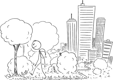 人离开大城市的背景和行走在大自然中旅行的矢量卡通简笔画