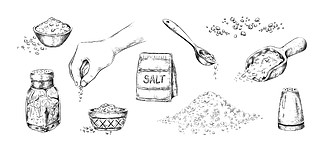 手绘盐。带有咸味调味料的逼真的盐窖或碗。成堆的粉末和带有钠晶体的勺子。烹饪和<i>保</i>存食品的传统成分。矢量草图集。手绘盐。带有咸味调味料的逼真的盐窖或碗。成堆的粉末和带有钠晶体的勺子。烹饪和<i>保</i>存食品的成分。