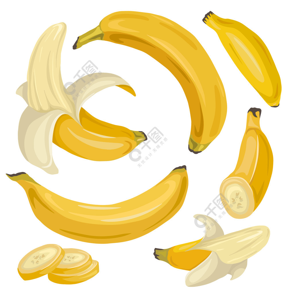 一套各种卡通香蕉完整的成熟的香蕉片热带多汁的款待用于菜单食谱