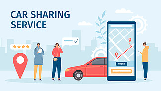 汽车共享服务。带有移动应用程<i>序</i>的大智能手机屏幕和订购汽车以共享或租赁的人。平面在线汽车共享矢量概念。在申请中预订或租车旅行。汽车共享服务。带有移动应用程<i>序</i>的大智能手机屏幕和订购汽车以共享或租赁的人。平