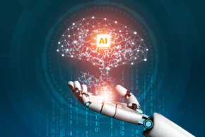 3D 渲染未来机器人技术开发、人工智能 AI 和机器学习概念。全球机器人仿生科学研究为人类生活的未来。