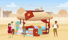 游客选择波斯地毯平面矢量图。东部户外市场。在市场上用地毯贸易遮阳篷。埃及集市上不露面的卡通人物，背景是沙漠小镇