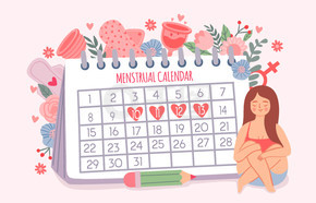 妇女和时期日历。女性检查月经周期的日期。关键日子和卫生产品矢量概念的日历时间表。女性日历月经图。妇女和时期日历。女性检查月经周期的日期。关键日子的日历时间表和卫生产品病媒概念