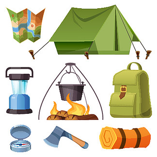 一套露营设备和东西帐篷、地<i>图</i>、背包和斧头，还有垫子、指南针、大锅挂在火上和灯笼上。旅游项目孤立在白色背景 卡通矢量<i>图</i>，<i>图</i>标。一套野营设备和东西卡通套装