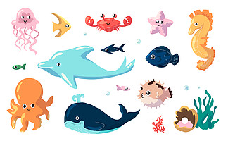可爱的海洋动物。卡通搞<i>笑</i>鱼在水下游泳。海洋居民的集合。孤立的水母和海马、海豚或鲸鱼和章鱼。海底生物，矢量海洋动物群。可爱的海洋动物。卡通鱼在水下游泳。海洋居民的集合。孤立的水母和海马、海豚或鲸鱼和章鱼