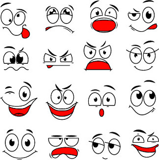 卡通表情。有趣的漫画眼睛和嘴巴，带着快乐、悲伤和愤<i>怒</i>，惊喜的情绪。涂鸦字符矢量集。插图快乐的微笑和愤<i>怒</i>的悲伤情绪。卡通表情。有趣的漫画眼睛和嘴巴，带着快乐、悲伤和愤<i>怒</i>，惊喜的情绪。涂鸦字符矢量集