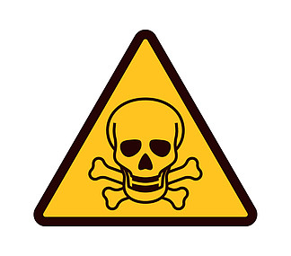 带有头骨的警告标志。黄色三角形与黑色注意符号、危险区域标志、<i>化</i><i>学</i>致命污染工业区象形图、当心危险平面矢量隔离插图。带有头骨的警告标志。黄色三角形带黑色注意符号、危险区域标志、污染工业区象形图、小心危险平