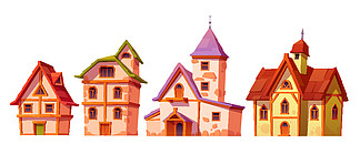 中世纪建筑，房屋城镇建筑。住宅建筑仿古小屋与石墙和木屋顶前视图隔离在白色背景。房屋外观，卡通矢量集。中世纪建筑，房屋城镇建筑集