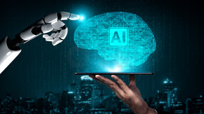 3D 渲染人工智能 AI 研究机器人和机器人开发为人类生活的未来。计算机大脑的数字数据挖掘和机器学习技术设计。