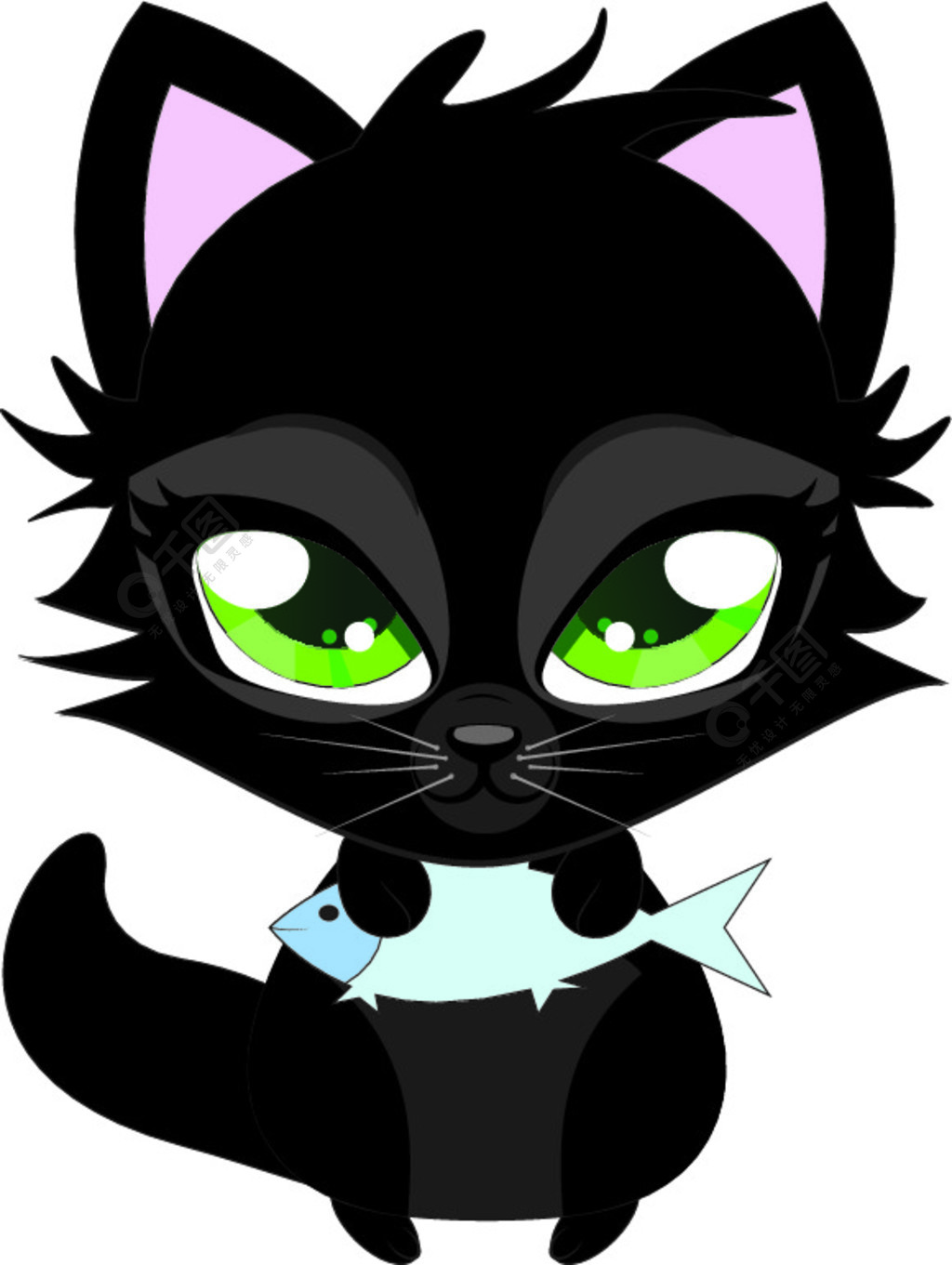 可爱的黑猫和鱼可爱的卡通黑色小猫与白色背景上的蓝色鱼