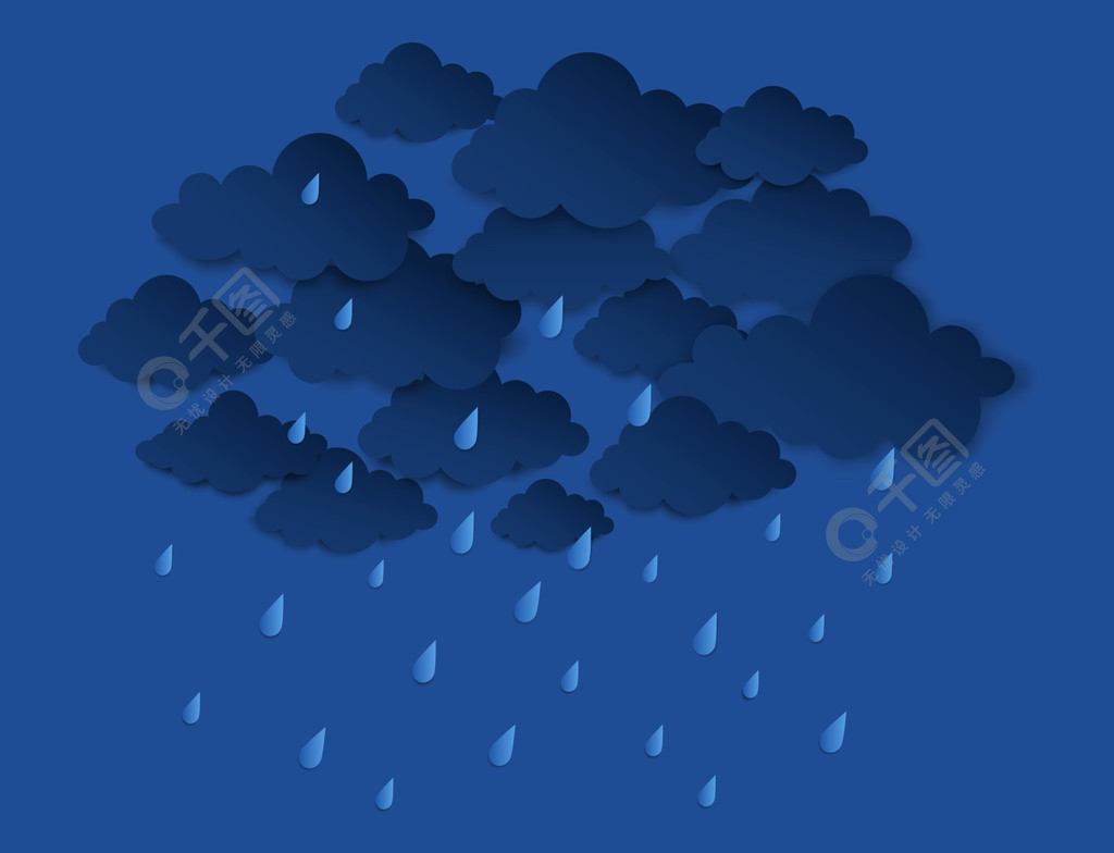剪纸雨天一组带雨滴的乌云折纸天气预报模板气象符号辐射雷暴主题在