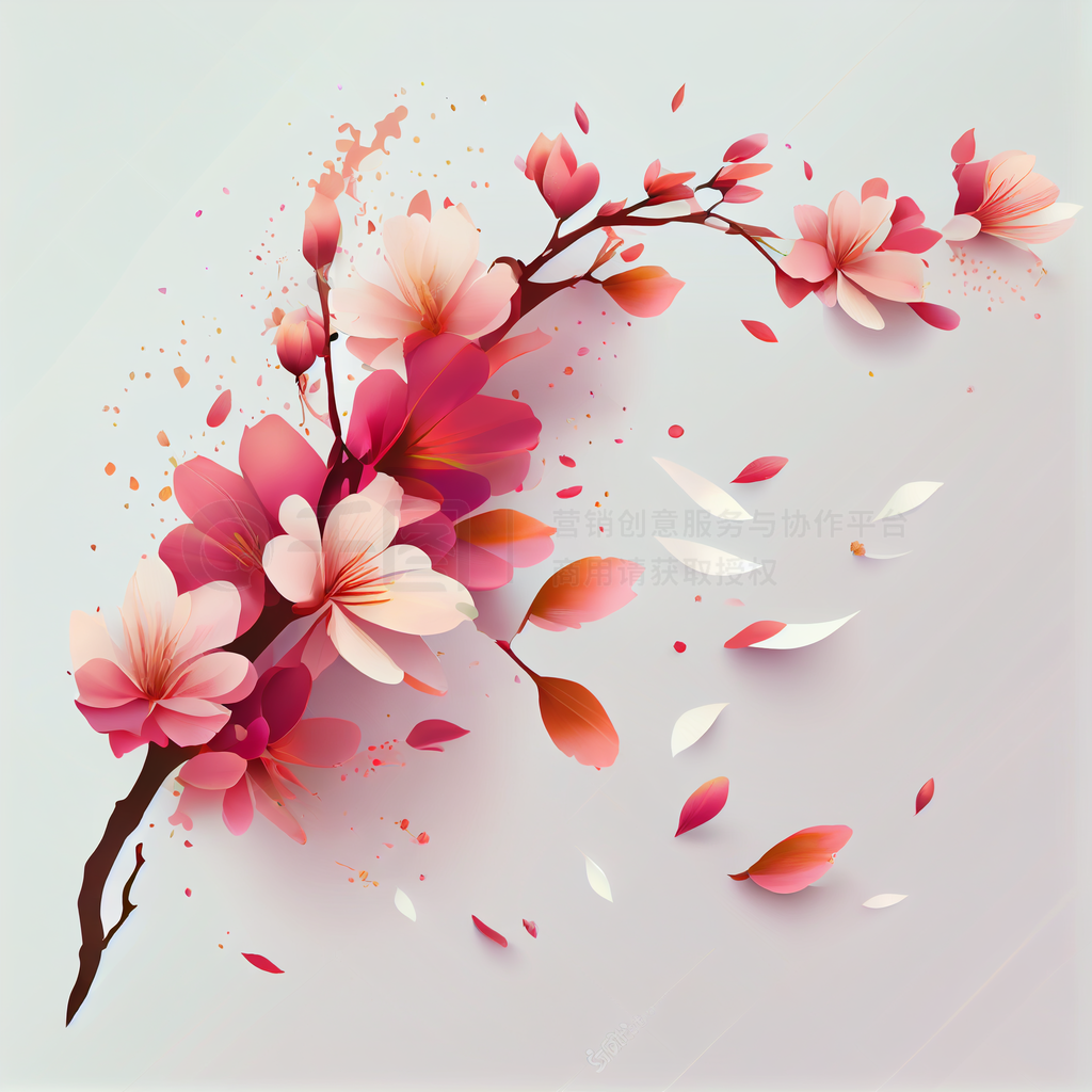 带有美丽樱花和落花的矢量分支写实构图插图