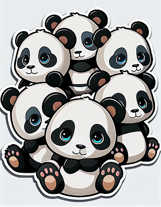 熊猫,卡通风格,矢量,贴纸,一组6个,大间距,纯白色背景