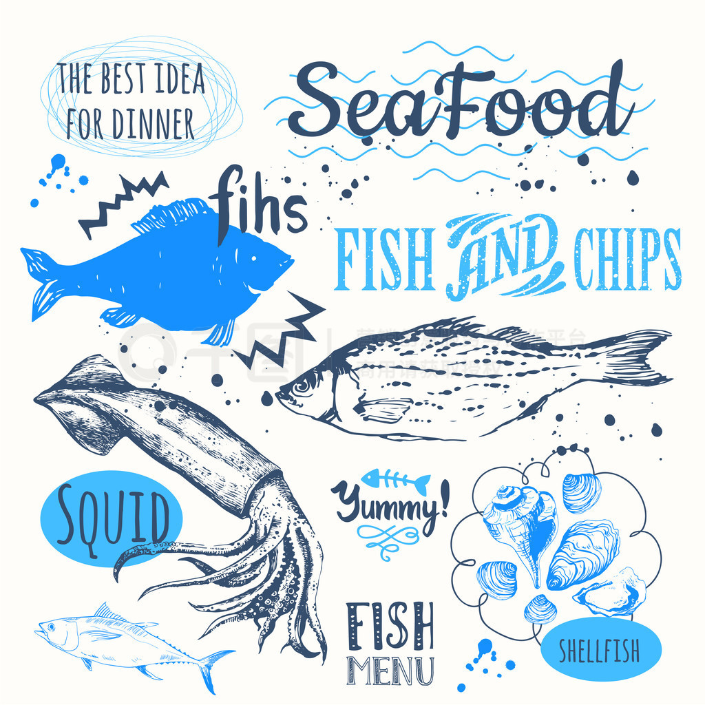 Hand-drawn sketch seafood: fish, lobster, clams, squid.