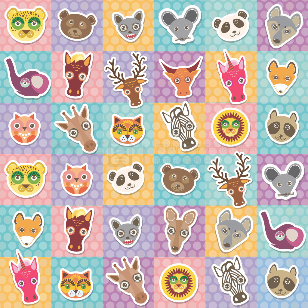 Set of funny animals muzzle seamless pattern with pink lilac blue orange square. Vector