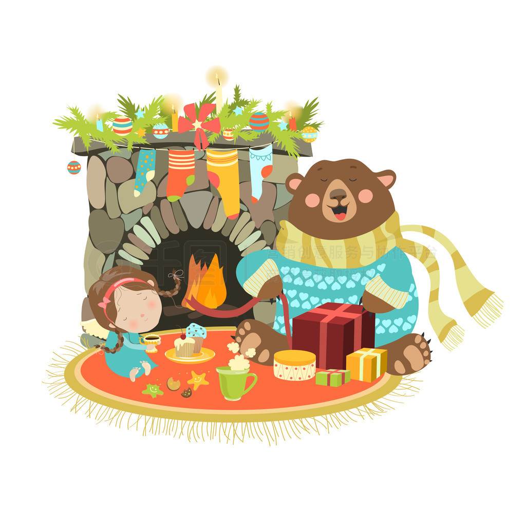 Little angel cute bear sitting near a fireplace