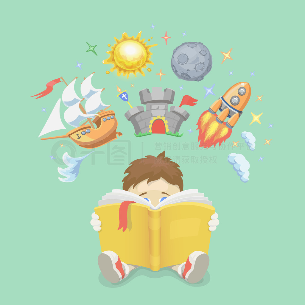 Imagination concept, boy reading a book, rocket flying out, ship, castle, planet. vector illustrat