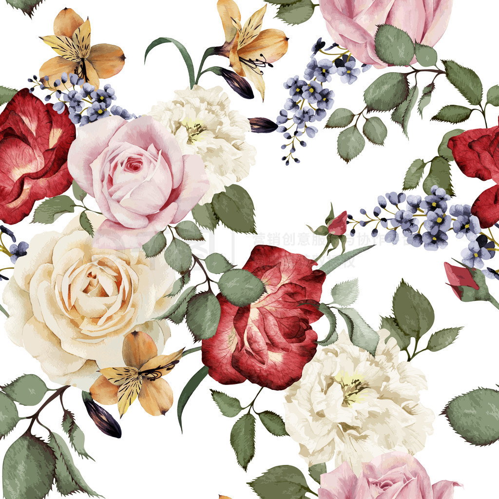 Seamless floral pattern with roses, watercolor. Vector illustrat