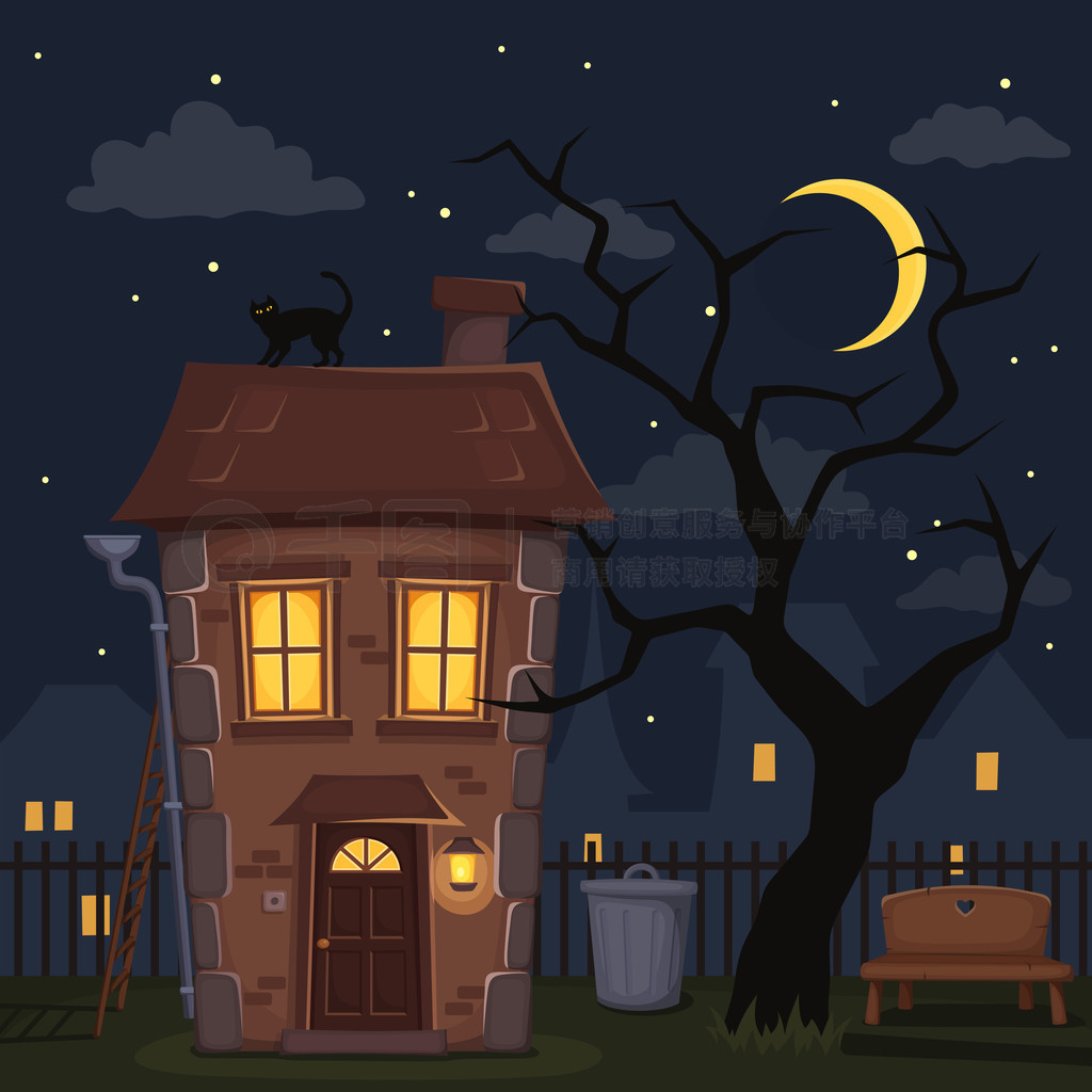 Night city landscape with house and tree. Vector illustration.