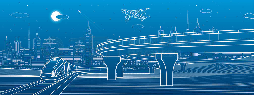 Automobile highway, infrastructure and transportation panorama, airplane fly, train move, night city