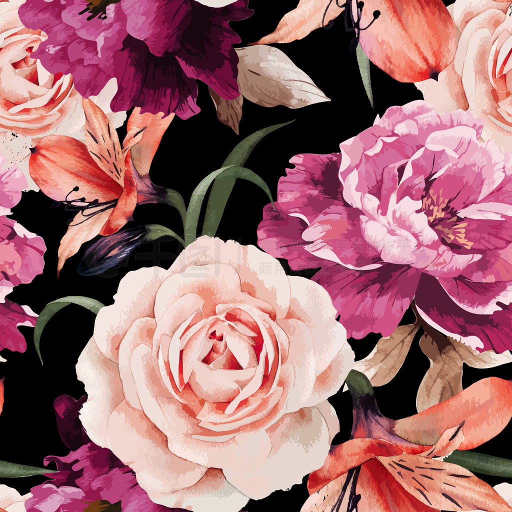 Seamless floral pattern with roses, watercolor. Vector illustrat