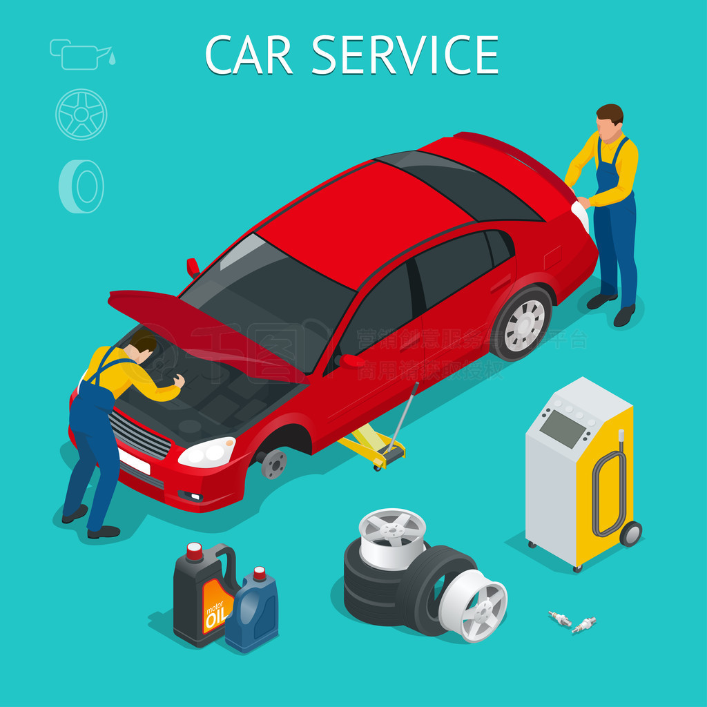 Car service center. Car service work process isometric with workers repairing and testing the car an