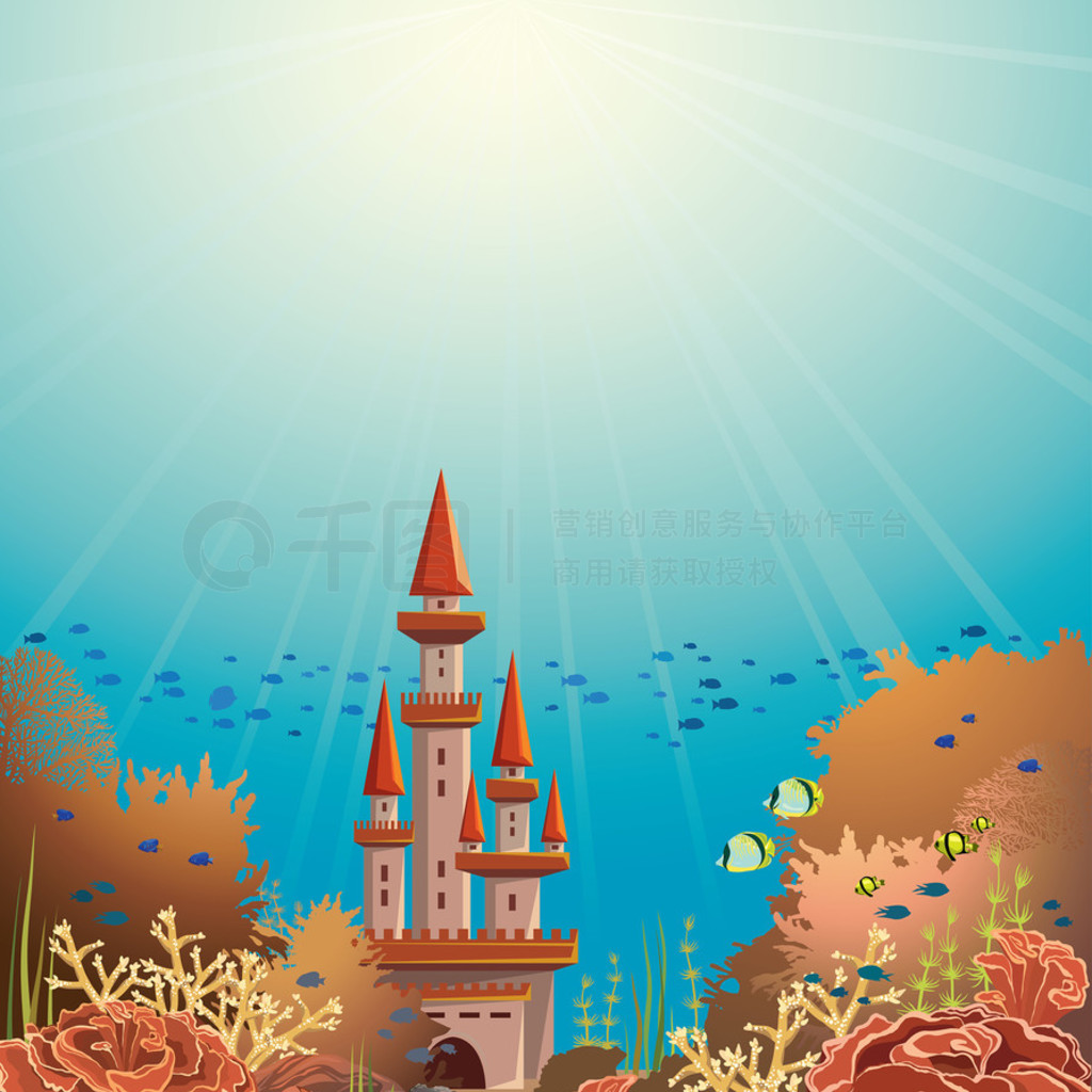 Underwater castle and coral reef.