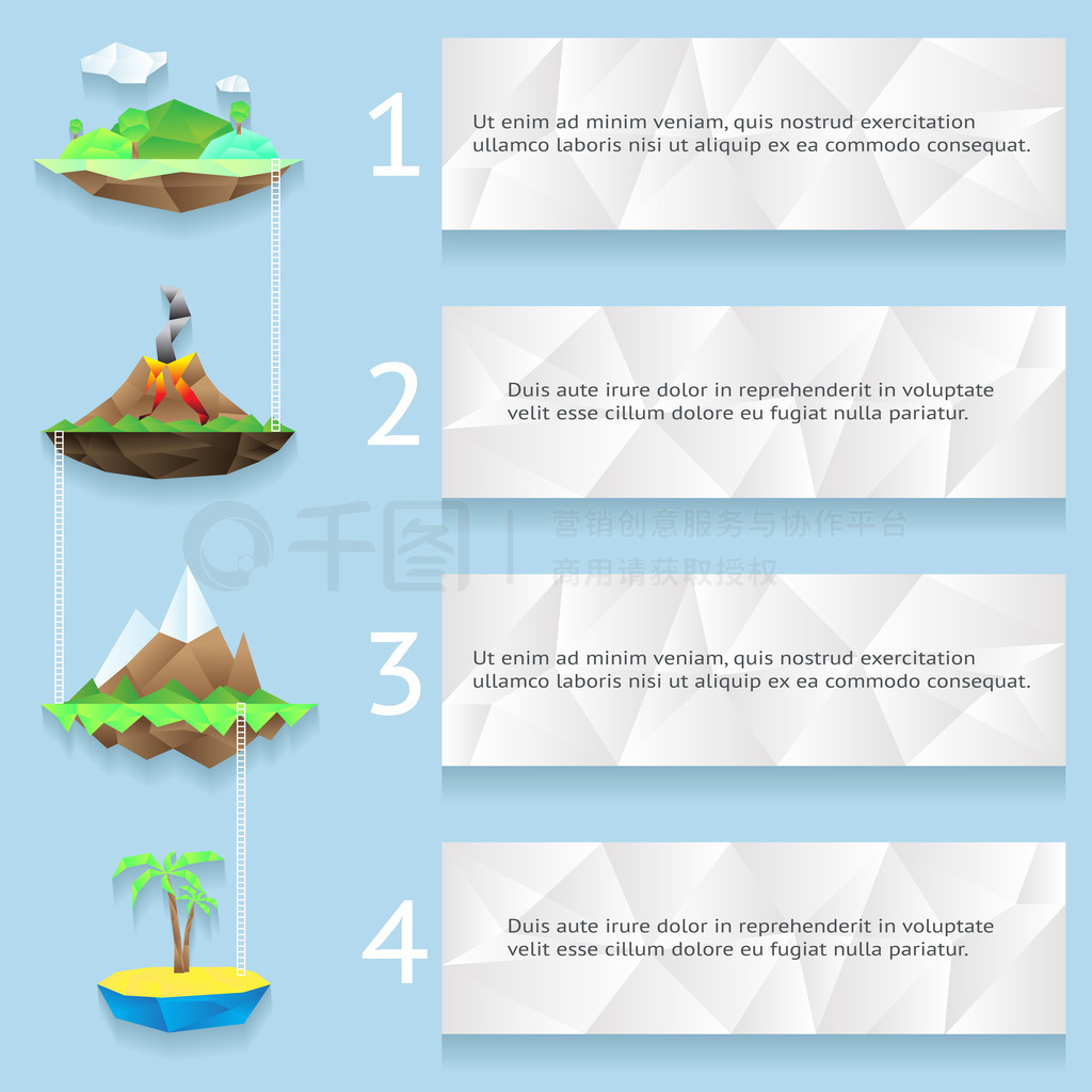 Low poly islands with steps and numbers infographics