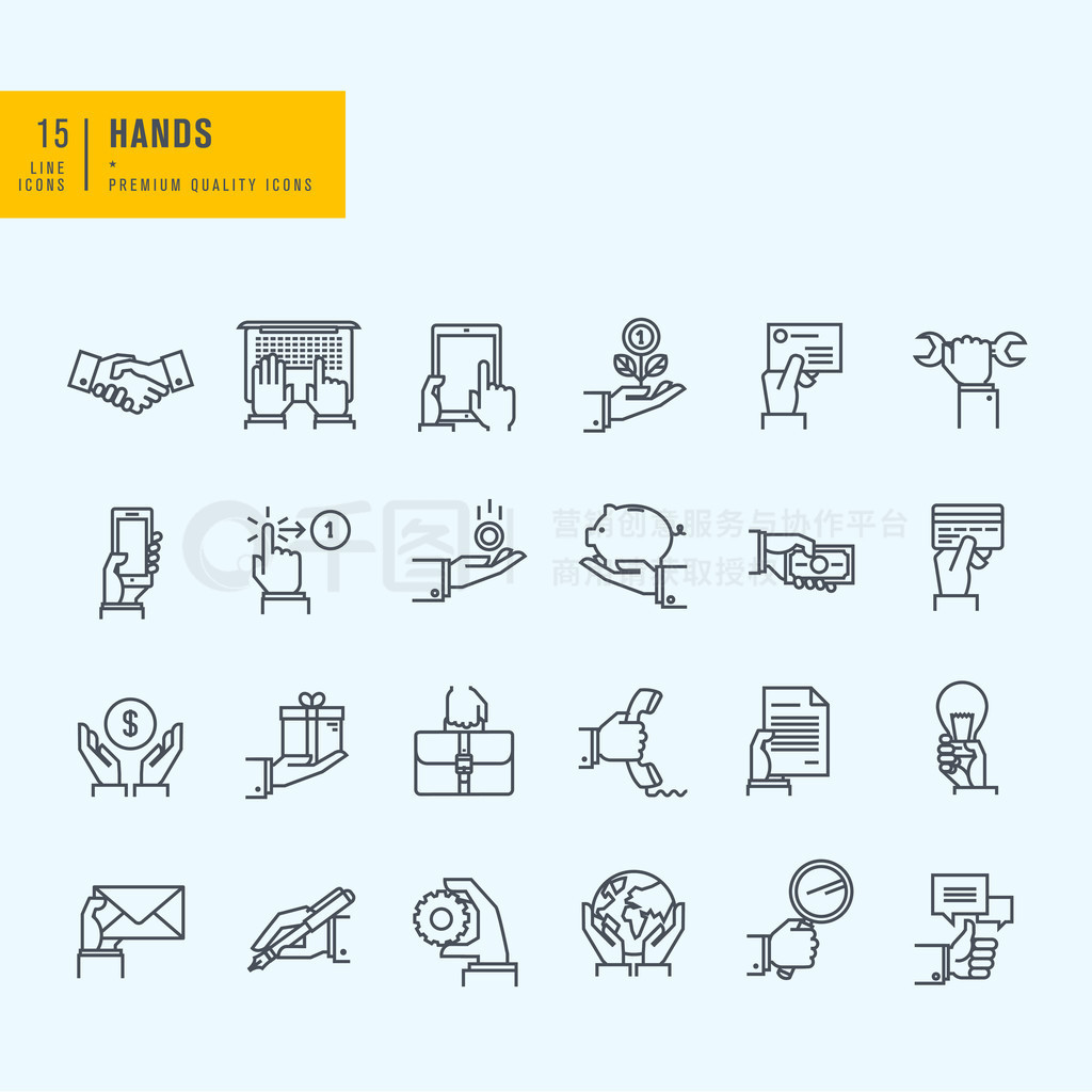 Thin line icons set. Icons of hand using devices, using money, in business situations, communication