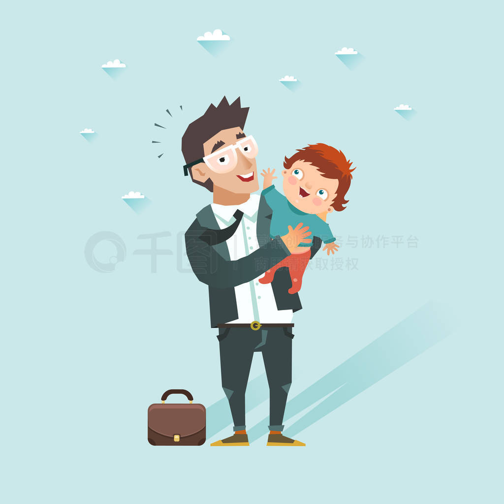 Business man with baby. Happy guy in suit taking son. Father came back home after work and take chil