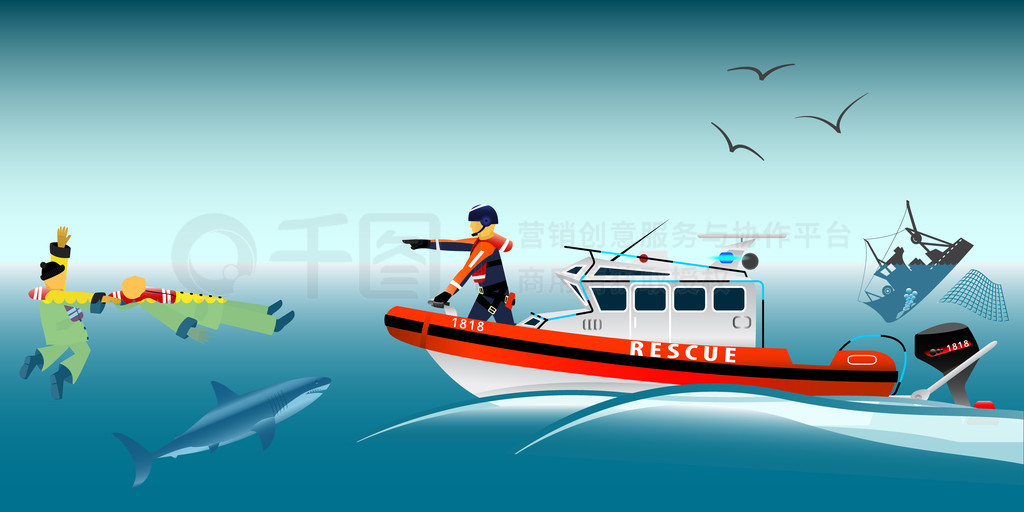 Rescue boat and fishermen at sea. The collapse of the sea. A sinking ship. Shark. Fishing net. Rescu