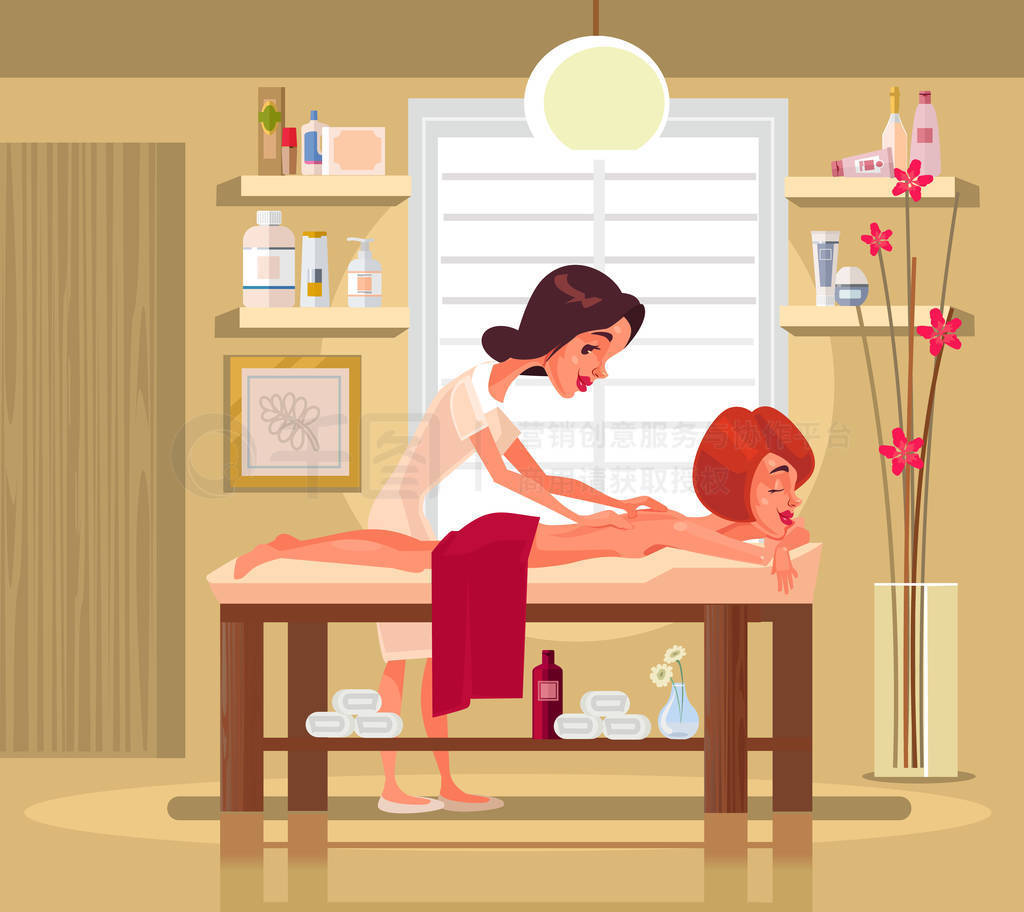 Massage therapist professional woman character doing exotic massage to happy smiling woman. Vector f