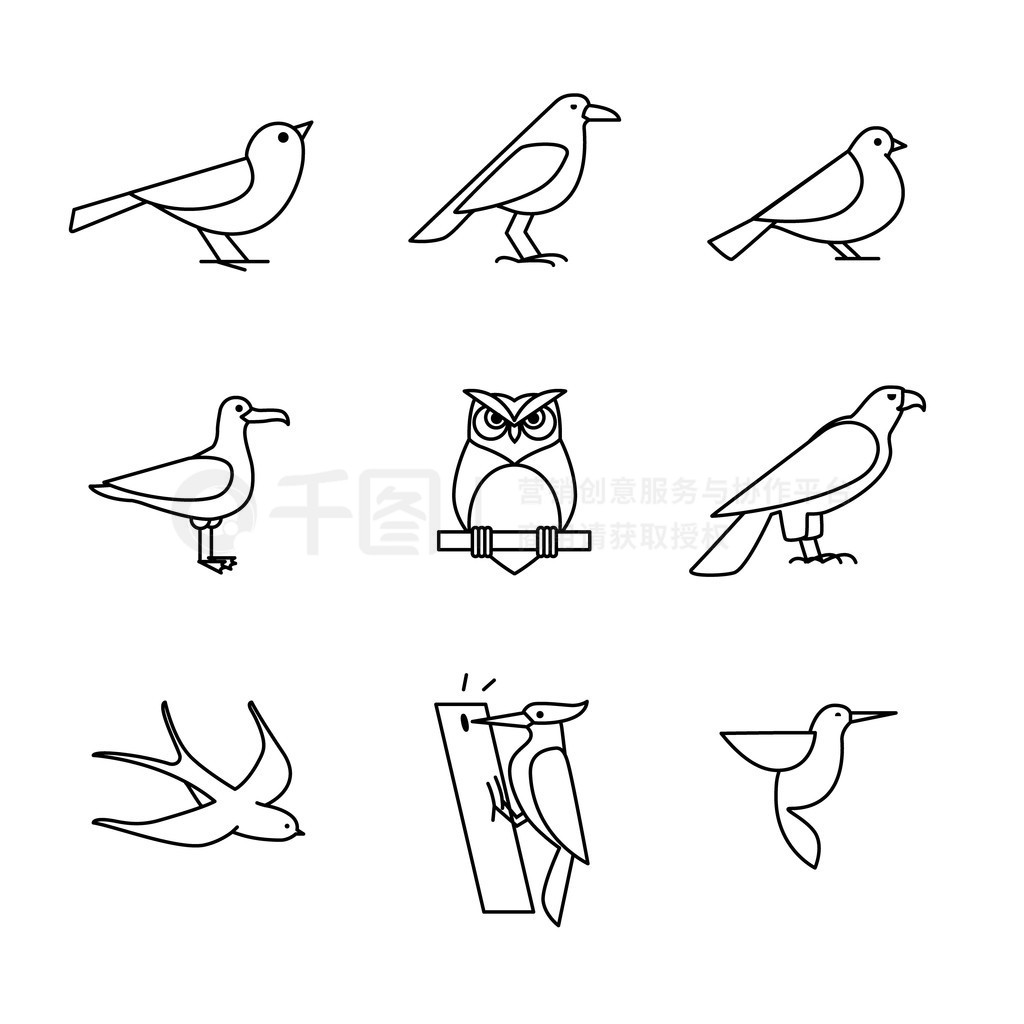 Birds icons line art set